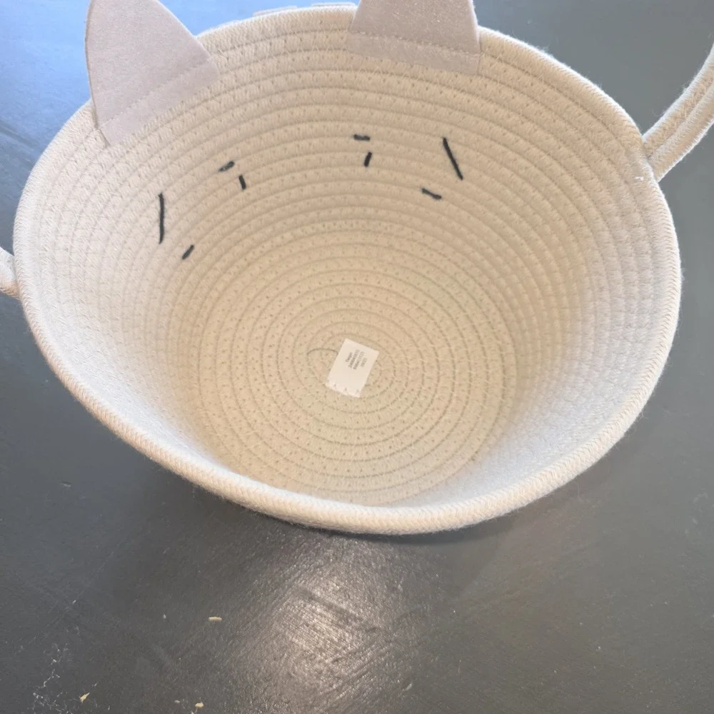 Cat Face Coiled Rope Basket Cream Small Storage Bin with Handle Nursery